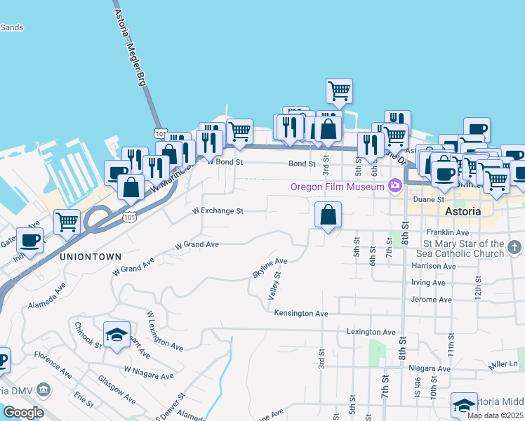 map of restaurants, bars, coffee shops, grocery stores, and more near 100 Exchange Street in Astoria