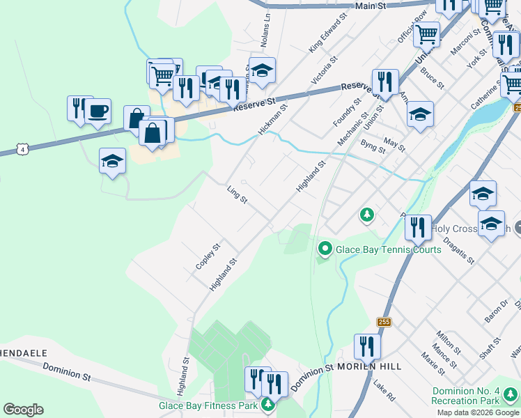 map of restaurants, bars, coffee shops, grocery stores, and more near 4 Ling Street in Glace Bay