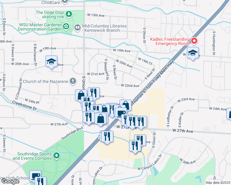 map of restaurants, bars, coffee shops, grocery stores, and more near 4206 West 24th Avenue in Kennewick