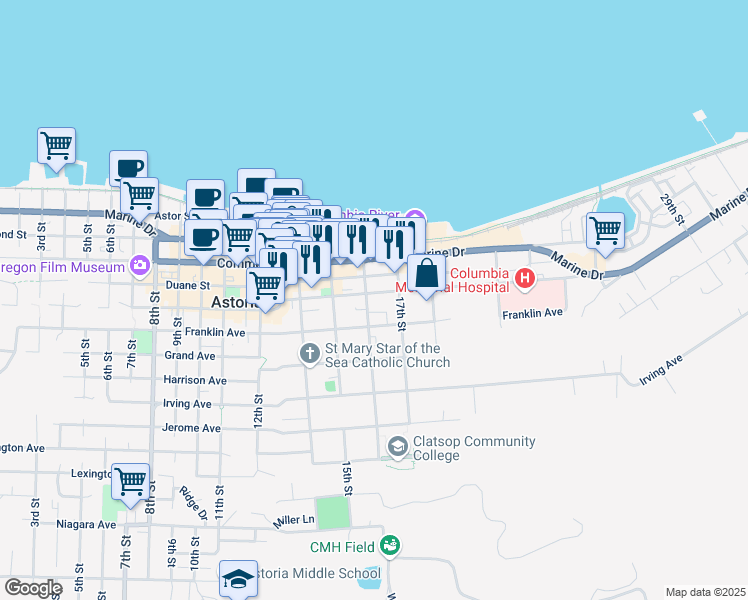 map of restaurants, bars, coffee shops, grocery stores, and more near 1625 Exchange Street in Astoria