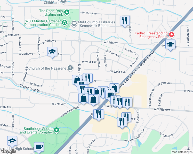 map of restaurants, bars, coffee shops, grocery stores, and more near 4206 West 24th Avenue in Kennewick