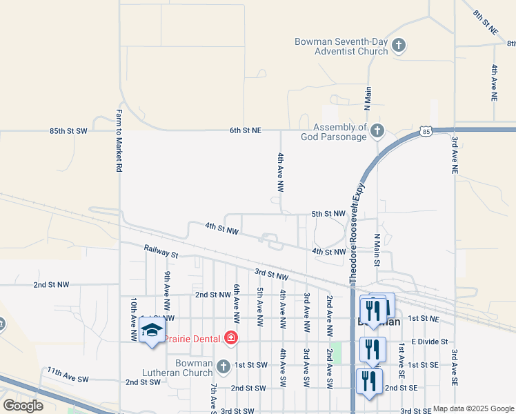 map of restaurants, bars, coffee shops, grocery stores, and more near 400-548 5th Street Northwest in Bowman
