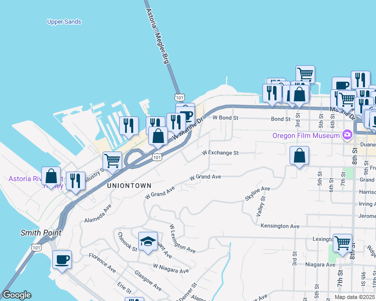 map of restaurants, bars, coffee shops, grocery stores, and more near 263 Alameda Avenue in Astoria