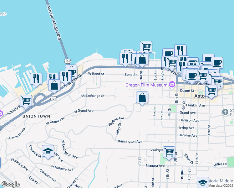 map of restaurants, bars, coffee shops, grocery stores, and more near 100 Exchange Street in Astoria