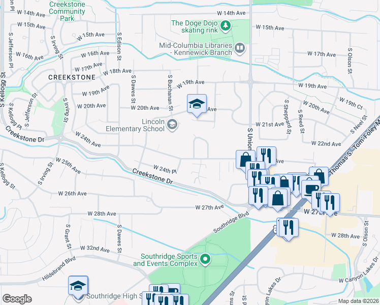 map of restaurants, bars, coffee shops, grocery stores, and more near 2105 South Arthur Loop in Kennewick