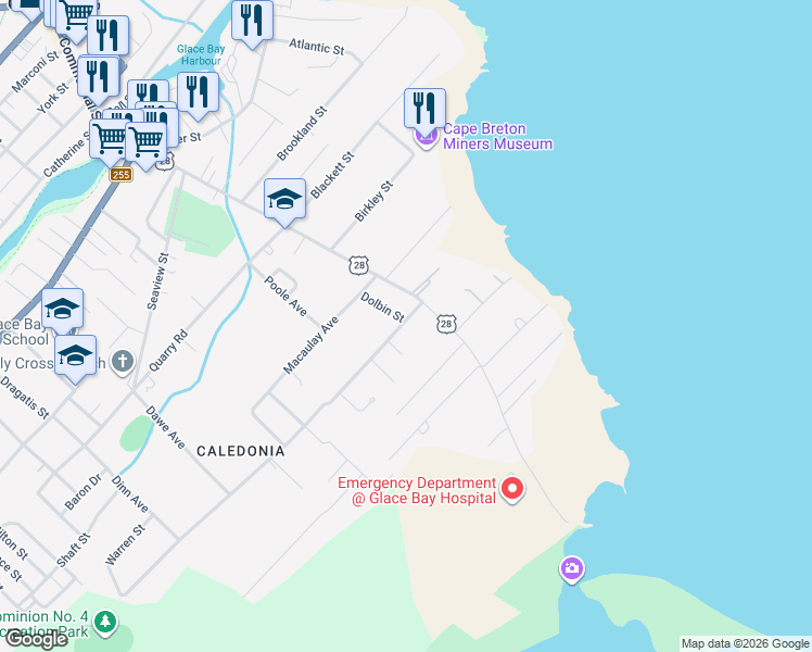 map of restaurants, bars, coffee shops, grocery stores, and more near 115 Douglas Avenue in Glace Bay