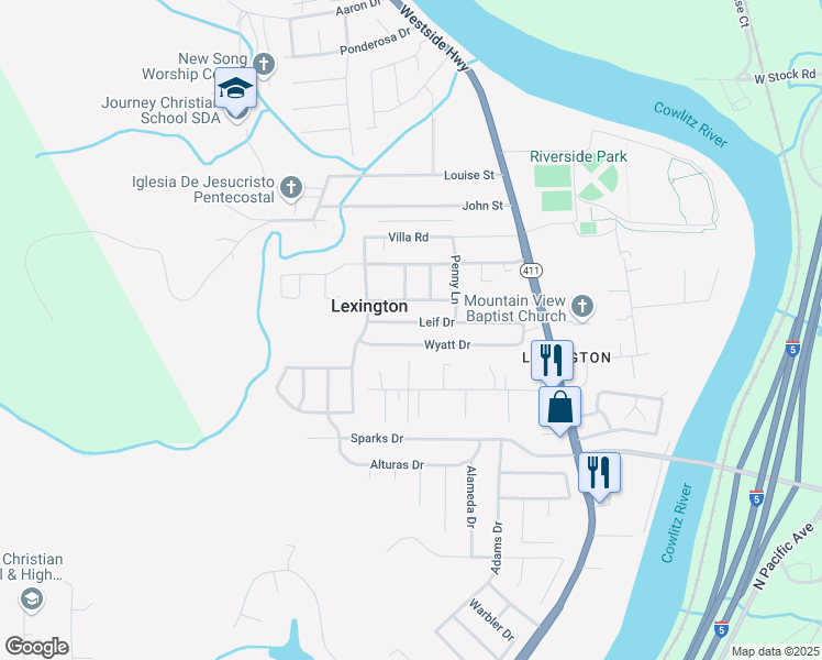 map of restaurants, bars, coffee shops, grocery stores, and more near 134 Leif Drive in Kelso