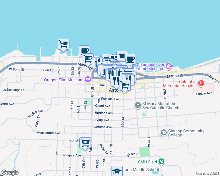 map of restaurants, bars, coffee shops, grocery stores, and more near 1033 Commercial Street in Astoria