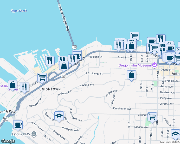 map of restaurants, bars, coffee shops, grocery stores, and more near 244 West Exchange Street in Astoria