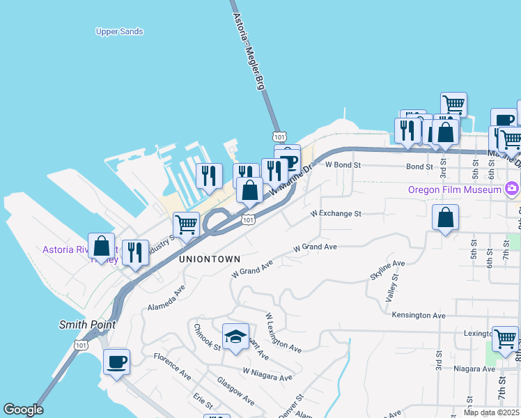 map of restaurants, bars, coffee shops, grocery stores, and more near 308 Alameda Avenue in Astoria