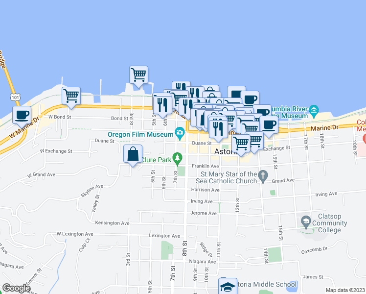 map of restaurants, bars, coffee shops, grocery stores, and more near 714 Exchange Street in Astoria