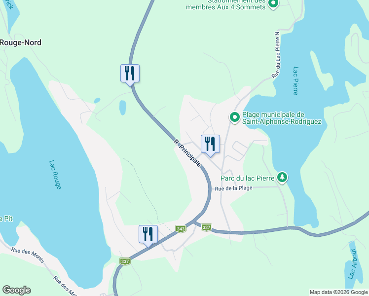 map of restaurants, bars, coffee shops, grocery stores, and more near 1122 Rue Principale in Saint-Alphonse-Rodriguez
