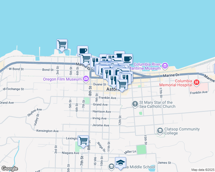 map of restaurants, bars, coffee shops, grocery stores, and more near 1033 Commercial Street in Astoria