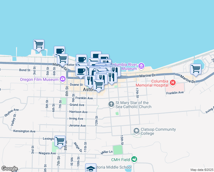 map of restaurants, bars, coffee shops, grocery stores, and more near 433 13th Street in Astoria