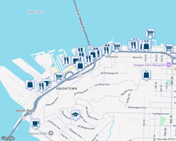 map of restaurants, bars, coffee shops, grocery stores, and more near 308 Alameda Avenue in Astoria