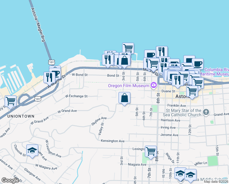 map of restaurants, bars, coffee shops, grocery stores, and more near 409 2nd Street in Astoria