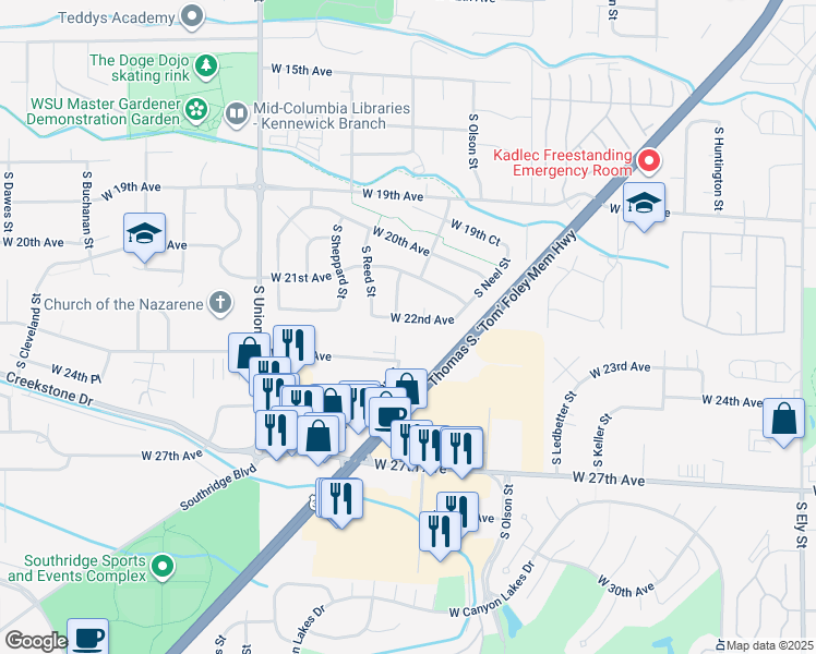 map of restaurants, bars, coffee shops, grocery stores, and more near 3809 West 22nd Avenue in Kennewick