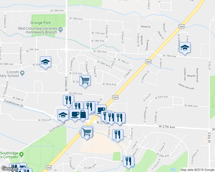 map of restaurants, bars, coffee shops, grocery stores, and more near 3805 West 22nd Avenue in Kennewick