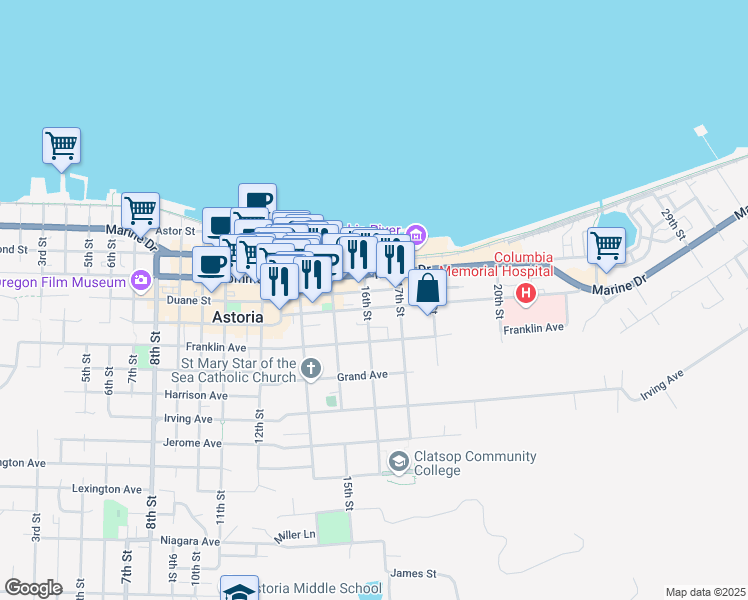 map of restaurants, bars, coffee shops, grocery stores, and more near 1625 Exchange Street in Astoria