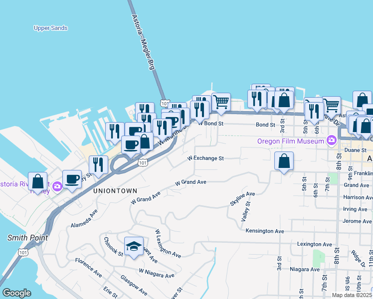 map of restaurants, bars, coffee shops, grocery stores, and more near 244 West Exchange Street in Astoria