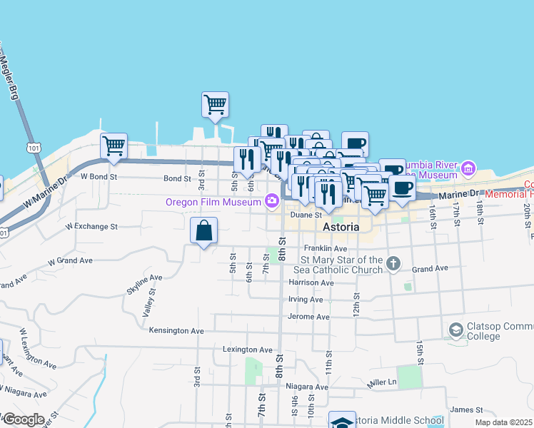 map of restaurants, bars, coffee shops, grocery stores, and more near 732 Duane Street in Astoria