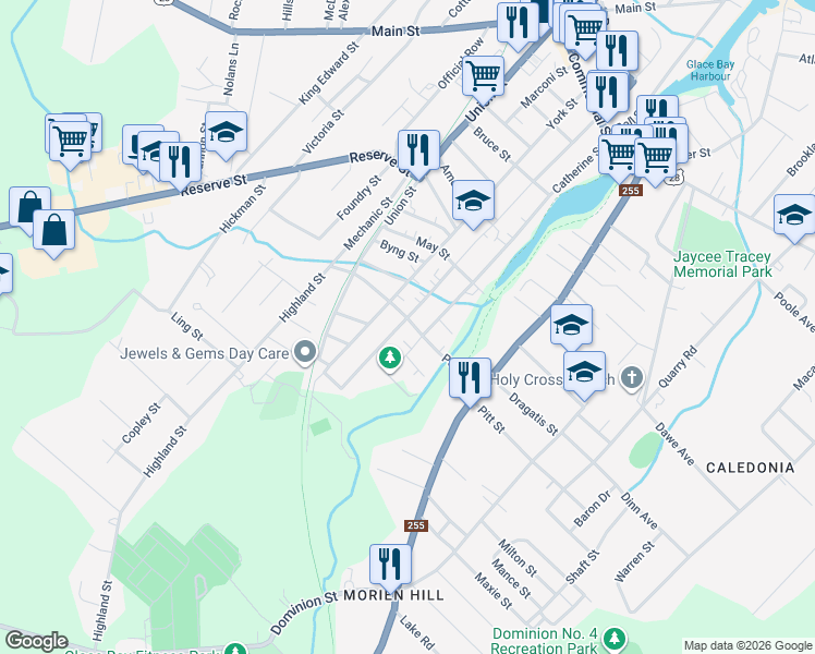 map of restaurants, bars, coffee shops, grocery stores, and more near 101 Park Street in Glace Bay