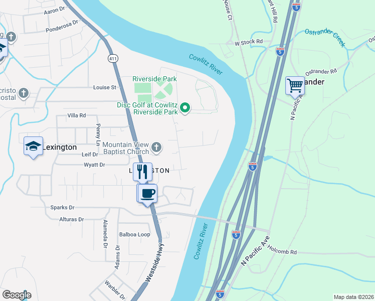 map of restaurants, bars, coffee shops, grocery stores, and more near 110 Decatur Drive in Kelso