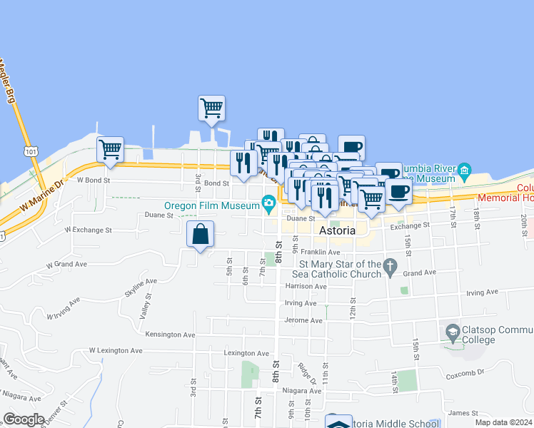 map of restaurants, bars, coffee shops, grocery stores, and more near 732 Duane Street in Astoria