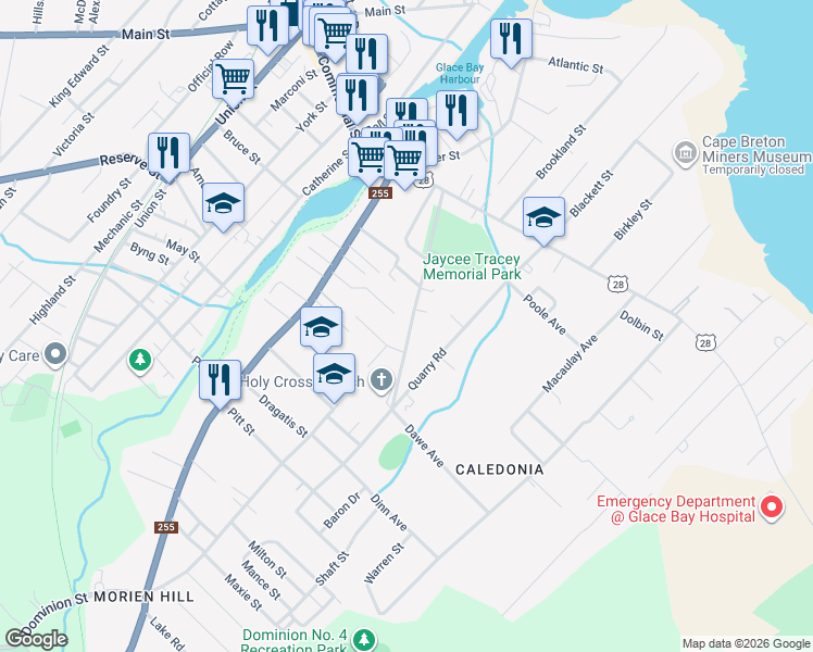 map of restaurants, bars, coffee shops, grocery stores, and more near 192 Seaview Street in Glace Bay