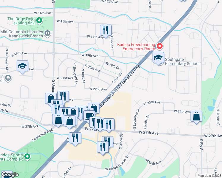 map of restaurants, bars, coffee shops, grocery stores, and more near U.S. 395 in Kennewick