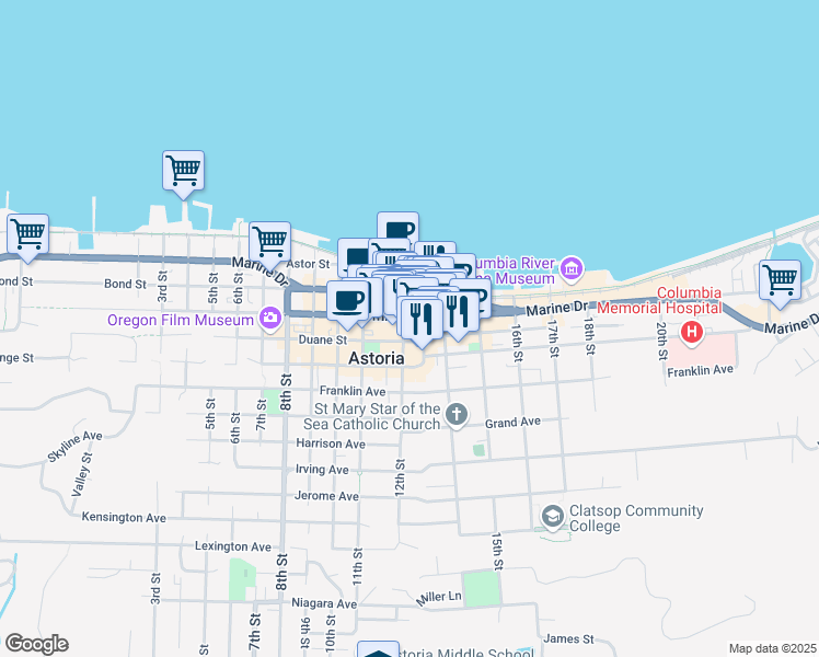 map of restaurants, bars, coffee shops, grocery stores, and more near 1203 Commercial Street in Astoria