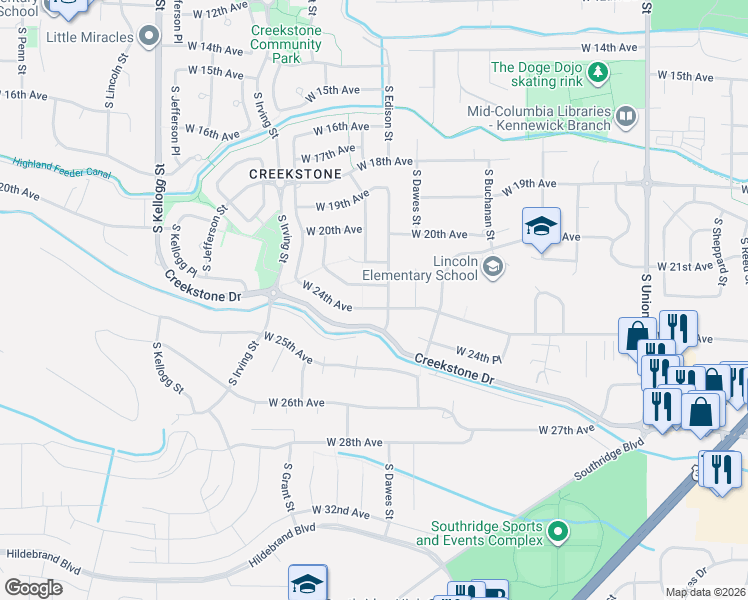 map of restaurants, bars, coffee shops, grocery stores, and more near 2404 South Edison Street in Kennewick