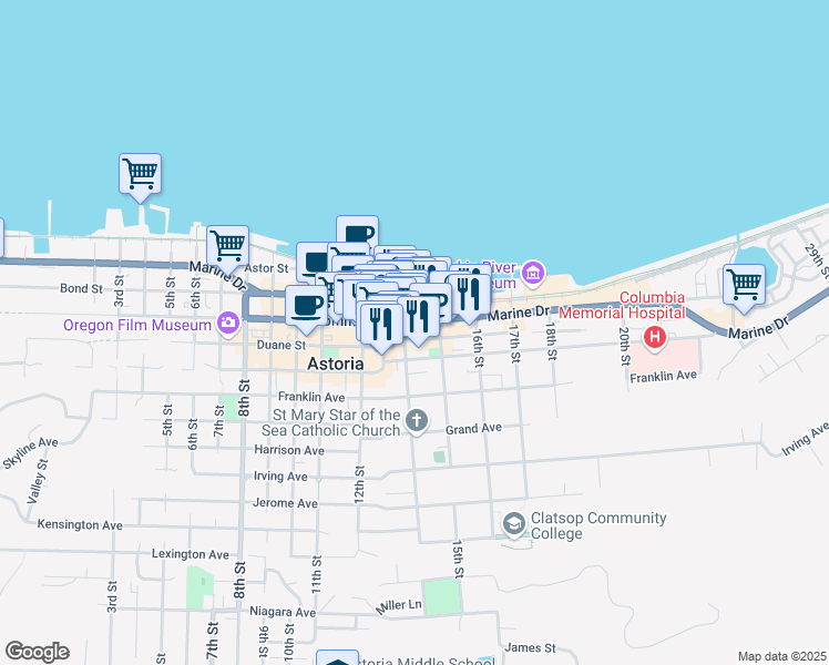 map of restaurants, bars, coffee shops, grocery stores, and more near 1450 Exchange Street in Astoria