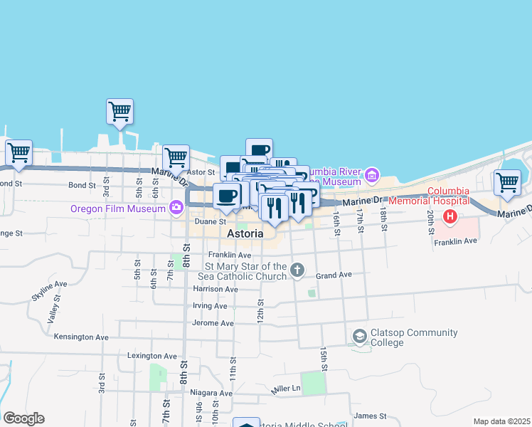 map of restaurants, bars, coffee shops, grocery stores, and more near 433 13th Street in Astoria