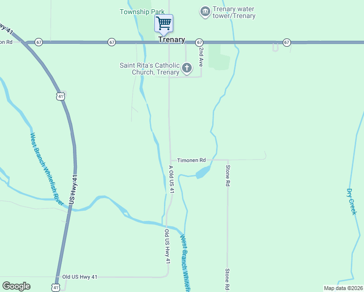 map of restaurants, bars, coffee shops, grocery stores, and more near Timonen Road in Rapid River
