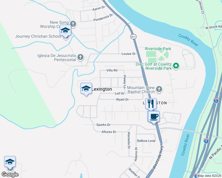 map of restaurants, bars, coffee shops, grocery stores, and more near 141 Vermillion Road in Kelso