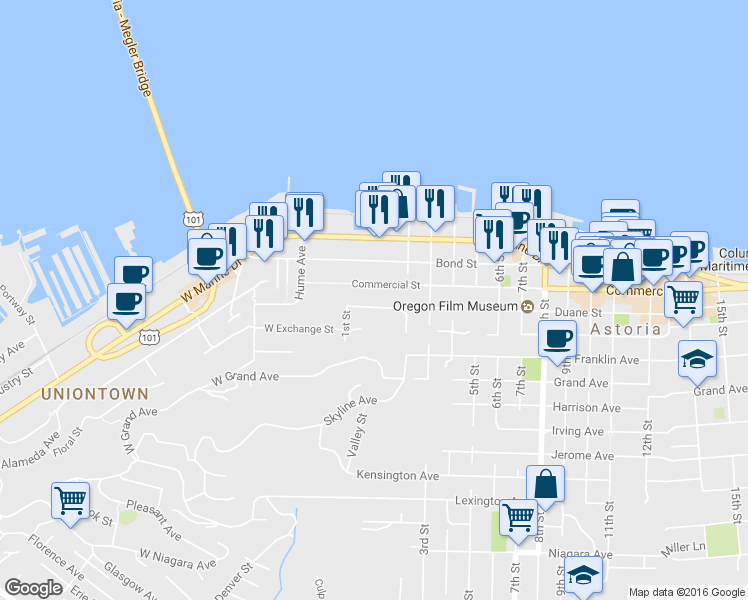 map of restaurants, bars, coffee shops, grocery stores, and more near 144 Duane St in Astoria