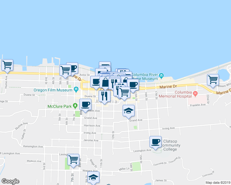 map of restaurants, bars, coffee shops, grocery stores, and more near 1203 Commercial Street in Astoria