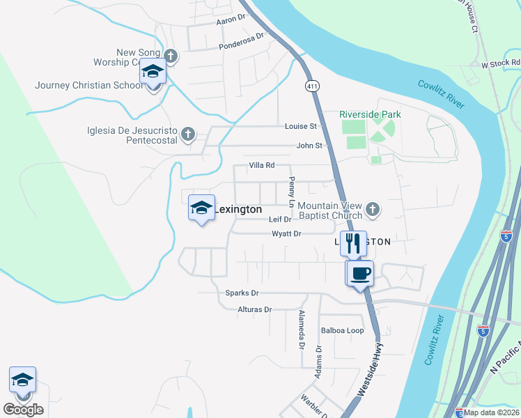 map of restaurants, bars, coffee shops, grocery stores, and more near 134 Leif Drive in Kelso