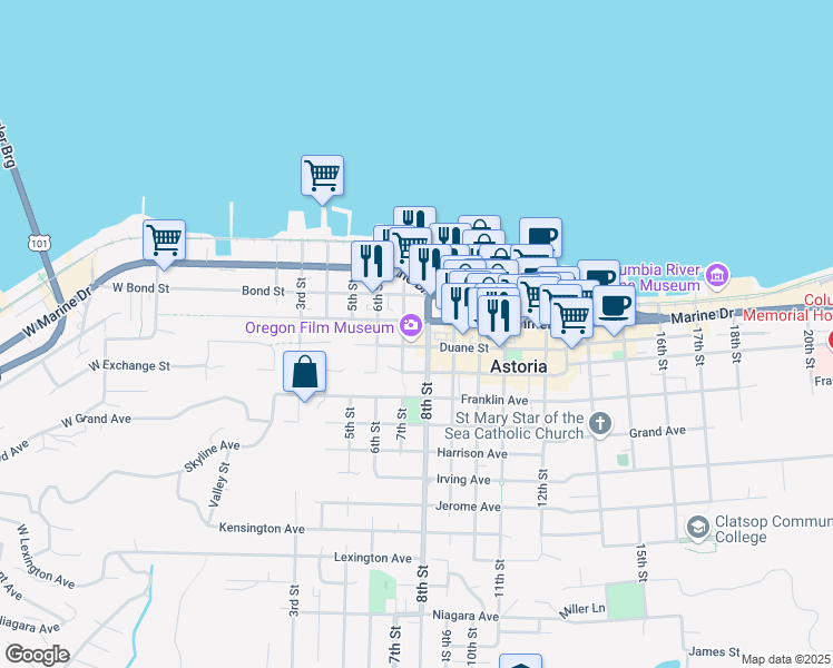 map of restaurants, bars, coffee shops, grocery stores, and more near 749 Commercial Street in Astoria
