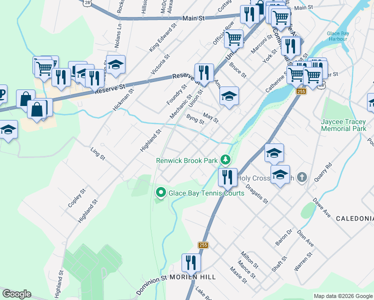 map of restaurants, bars, coffee shops, grocery stores, and more near 399 York Street in Glace Bay