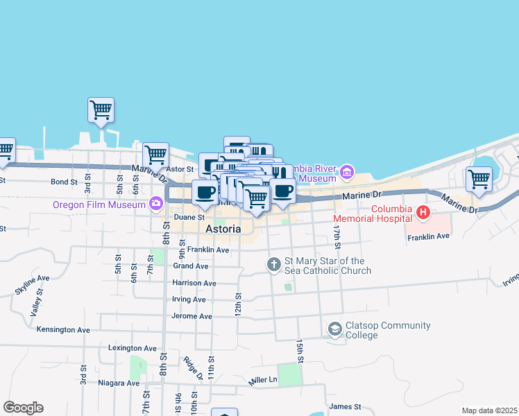 map of restaurants, bars, coffee shops, grocery stores, and more near 1343 Commercial Street in Astoria