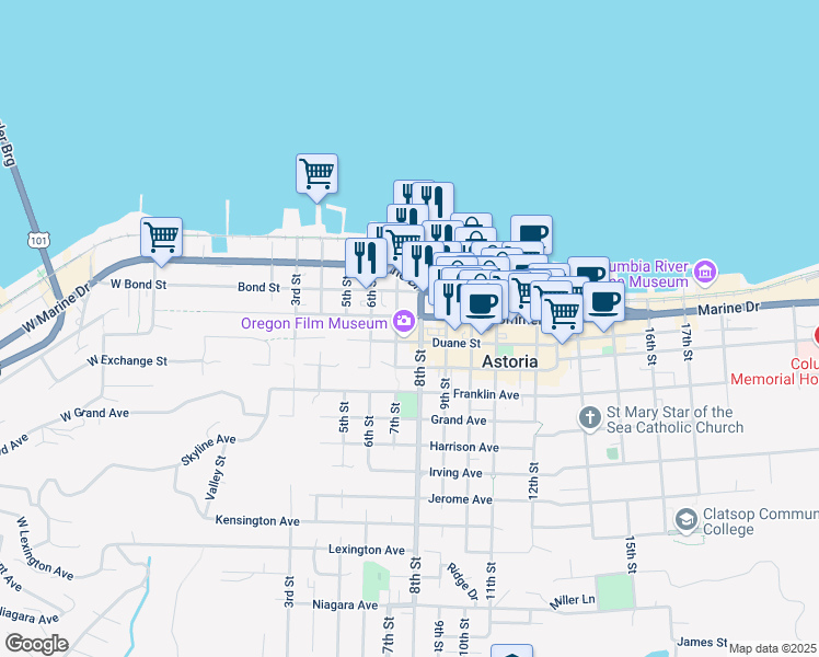 map of restaurants, bars, coffee shops, grocery stores, and more near 749 Commercial Street in Astoria