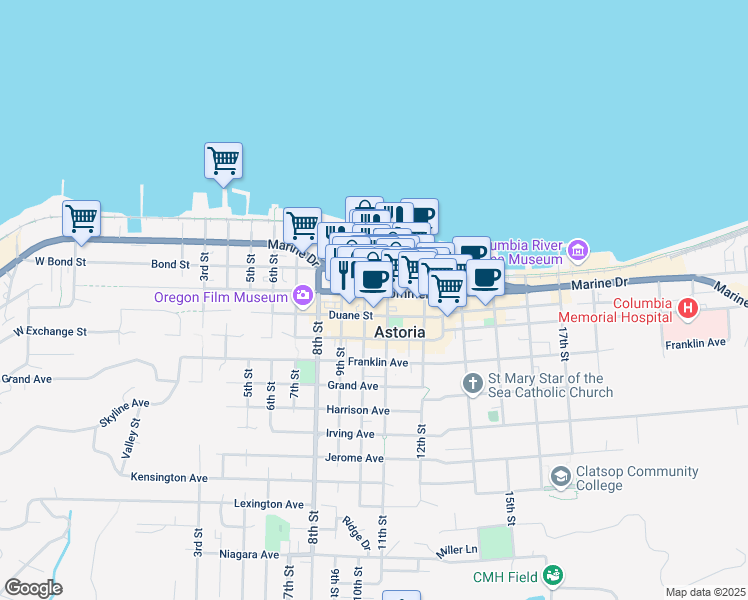 map of restaurants, bars, coffee shops, grocery stores, and more near 1033 Commercial Street in Astoria