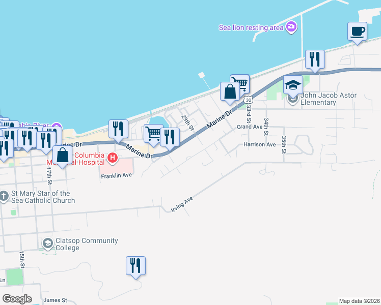 map of restaurants, bars, coffee shops, grocery stores, and more near 2813 Marine Drive in Astoria