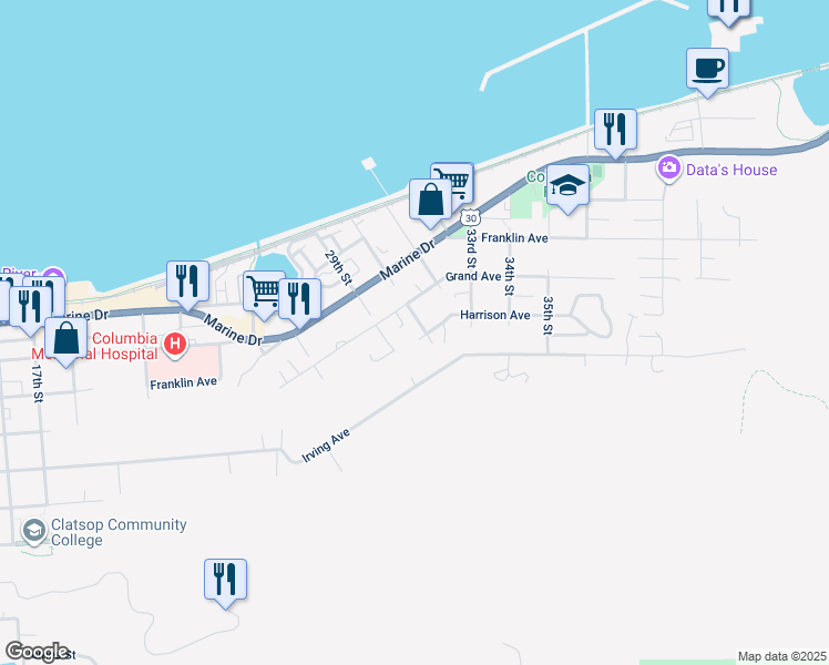 map of restaurants, bars, coffee shops, grocery stores, and more near 2991 Grand Avenue in Astoria