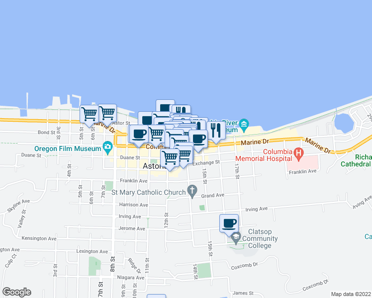 map of restaurants, bars, coffee shops, grocery stores, and more near 1421 Commercial Street in Astoria