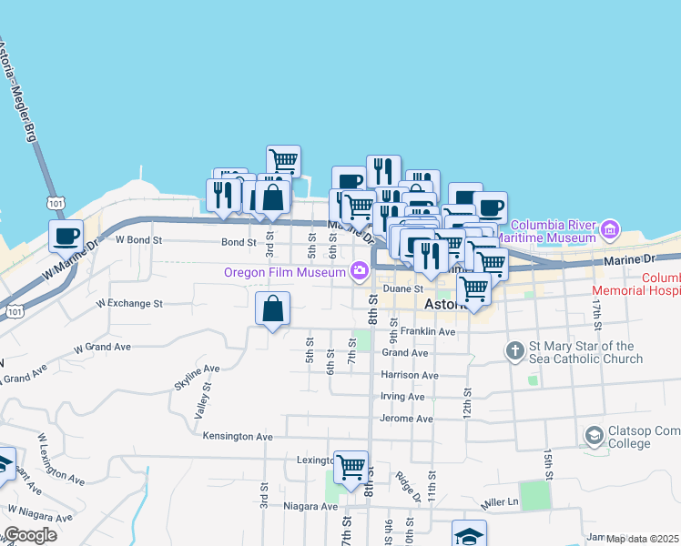 map of restaurants, bars, coffee shops, grocery stores, and more near 555 Bond Street in Astoria