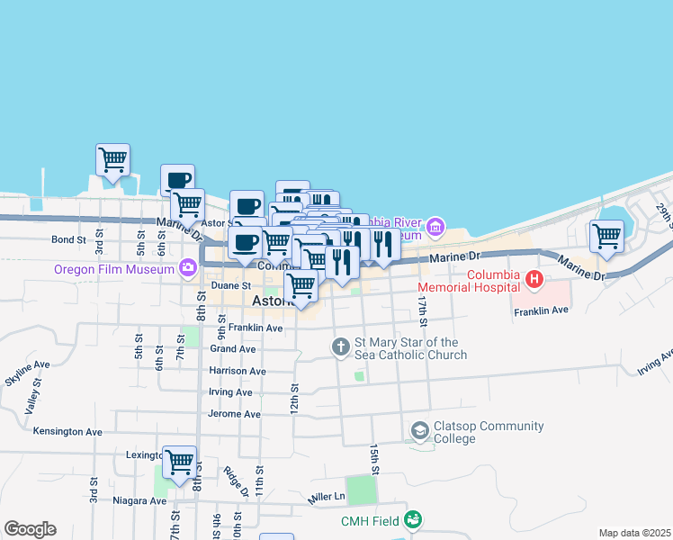 map of restaurants, bars, coffee shops, grocery stores, and more near 1421 Commercial Street in Astoria