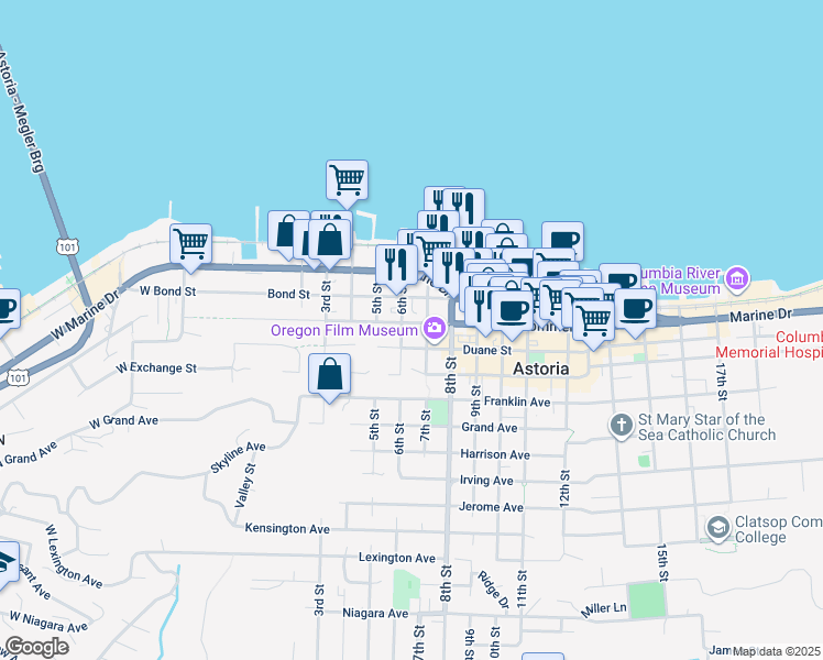 map of restaurants, bars, coffee shops, grocery stores, and more near 641 Commercial Street in Astoria